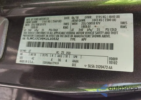 2019 Lincoln Mkc Reserve из США, поврежденный, VIN 5LMCJ3C99KUL03532